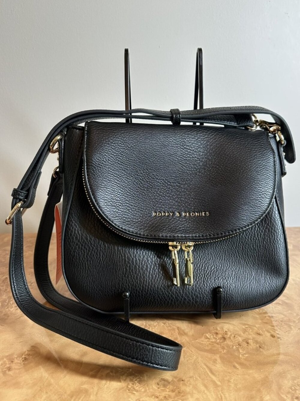 NWT Poppy & Peonies Mini Downtown Crossbody Bag Black Pebbled Vegan Leather